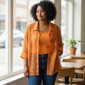 Club Z Collection Womens 2X Orange 3/4 Sleeve Button Up 2 Piece Top Shirt